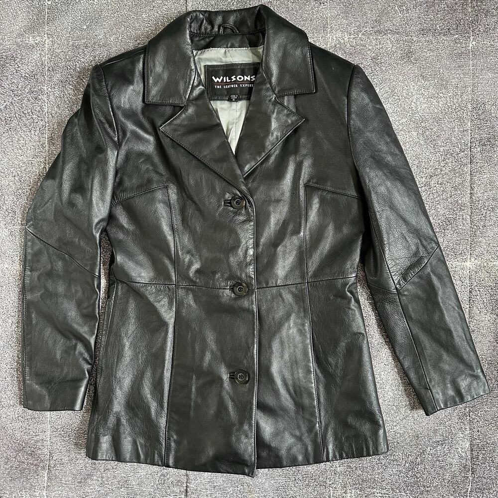Women's Vintage Y2K Wilson Leather Black Button Up Hip Length Coat Jacket Sz S